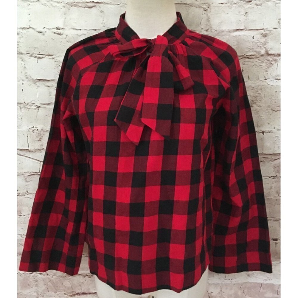 Madewell Womens Tie Neck Popover Shirt in Buffalo Check Red Black Plaid Size XXS